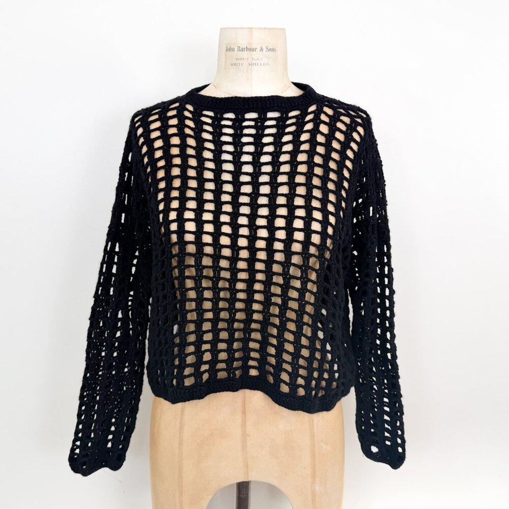 Hania by Anya Cole Cashmere Grid Mesh Open Knit Cropped Sweater Size Small